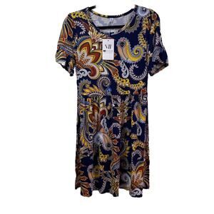 Women’s T-Shirt Dress Small Paisley Print On Blue Background Short Sleeve NWT